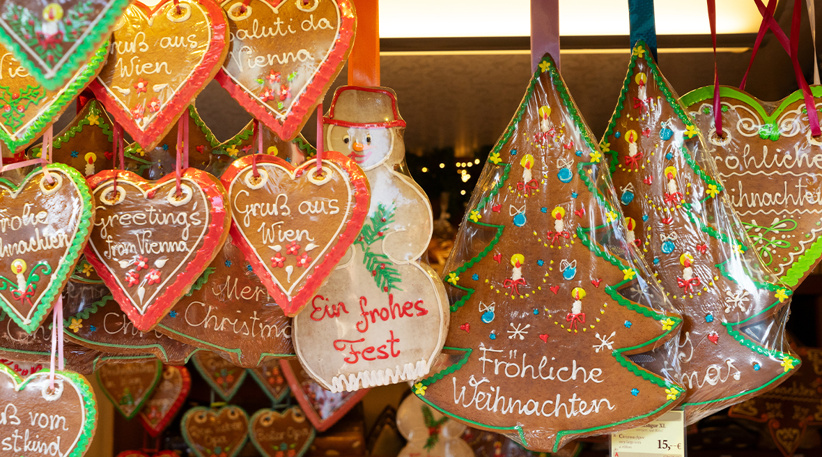 Iced multicoloured gingerbread hanging from a market stall in Nuremberg
